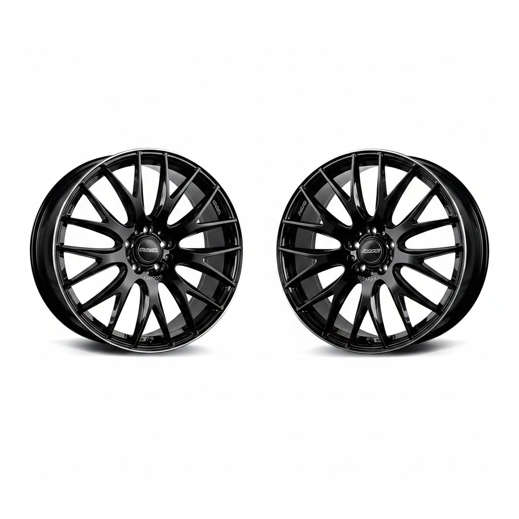 Rays | HOMURA 2X9Plus Glossy Black/Rim Edge DMC | 5X120 | 18X8.0 +45 (Pair)